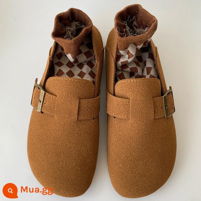 Giày đế mềm Birkenstocks mùa thu cho nữ Phiên bản Hàn Quốc Retro Một bàn đạp Hai trang phục thông thường phù hợp với tất cả các trận đấu Xấu xí Moe Sen Giày lười Peas - Con lạc đà