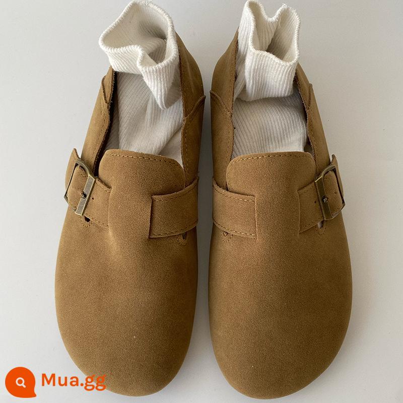 Giày đế mềm Birkenstocks mùa thu cho nữ Phiên bản Hàn Quốc Retro Một bàn đạp Hai trang phục thông thường phù hợp với tất cả các trận đấu Xấu xí Moe Sen Giày lười Peas - Khaki