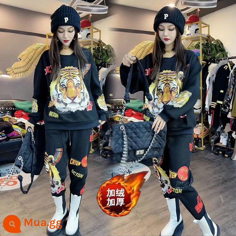 Người nổi tiếng trên mạng Tiger Plus nhung dày dặn thời trang nữ mùa đông 2022 phiên bản Hàn Quốc mới của bộ áo len hai mảnh thời trang xuân thu - Đen [dày nhung]