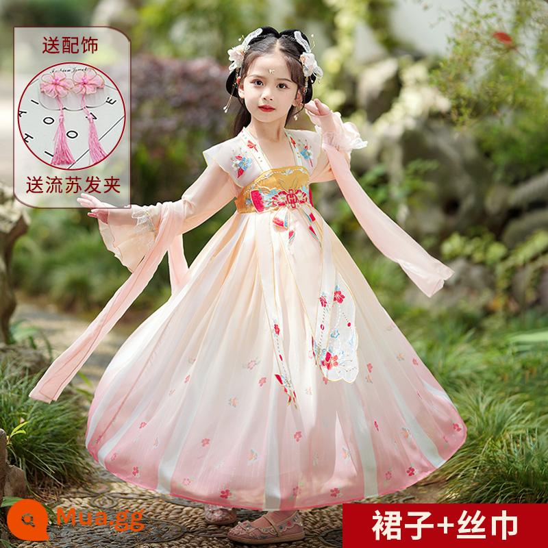 Hanfu bé gái mùa hè váy cổ mùa hè trẻ em nữ phong cách cổ Tang phù hợp với váy bé gái mùa hè váy công chúa - 2617 Tay Dài Màu Hồng [Tặng Kẹp Tóc + Khăn Lụa]