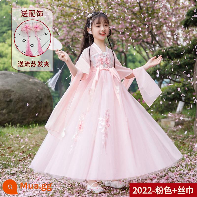 Hanfu Bé Gái Mùa Hè Bộ Đồ Trẻ Em Hoa Anh Đào Váy Công Chúa Mùa Hè Cổ Siêu Tiên Đường Phù Hợp Với Mới 2023 - 2022 Khăn lụa + hồng [Kẹp tóc miễn phí]