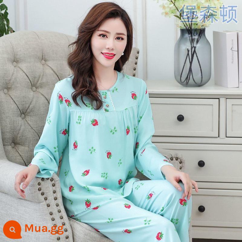 Bộ đồ ngủ dài tay mùa hè cho nữ cotton lụa phù hợp với học sinh rộng rãi kích thước lớn mùa xuân và mùa thu cotton lụa mỏng phục vụ tại nhà bộ hai mảnh - Cotton lụa màu lục lam dâu tây [tay áo dài]