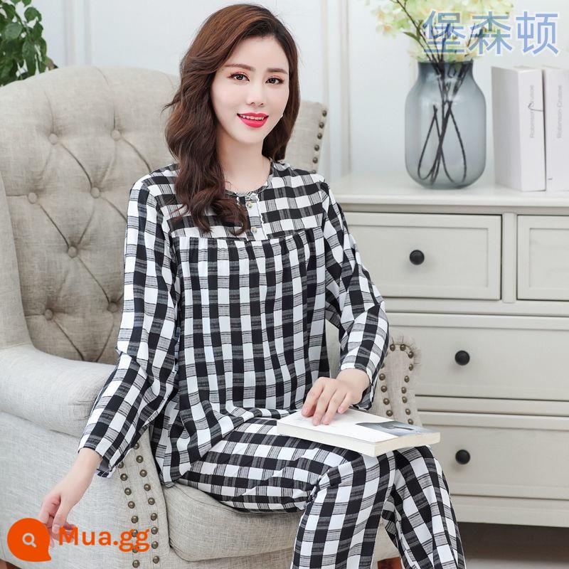 Bộ đồ ngủ dài tay mùa hè cho nữ cotton lụa phù hợp với học sinh rộng rãi kích thước lớn mùa xuân và mùa thu cotton lụa mỏng phục vụ tại nhà bộ hai mảnh - Cotton lụa kẻ caro đen trắng [tay áo dài]