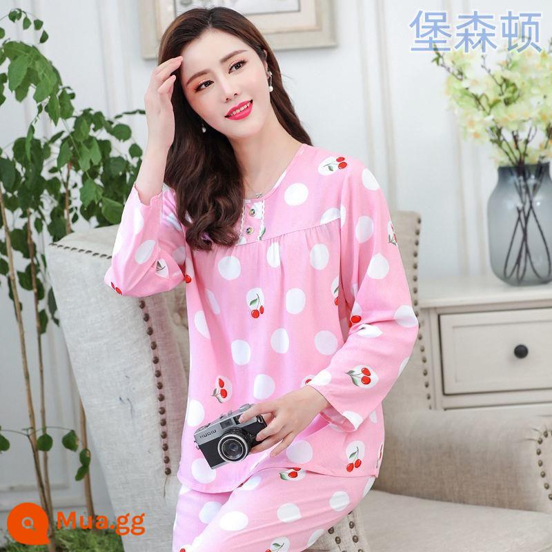 Bộ đồ ngủ dài tay mùa hè cho nữ cotton lụa phù hợp với học sinh rộng rãi kích thước lớn mùa xuân và mùa thu cotton lụa mỏng phục vụ tại nhà bộ hai mảnh - Cotton lụa hồng anh đào [tay áo dài]