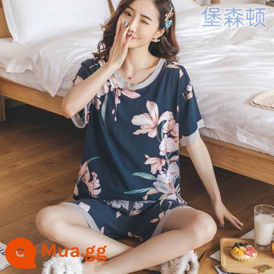 Bộ đồ ngủ dài tay mùa hè cho nữ cotton lụa phù hợp với học sinh rộng rãi kích thước lớn mùa xuân và mùa thu cotton lụa mỏng phục vụ tại nhà bộ hai mảnh - Hoa lớn màu sẫm [quần ngắn tay]