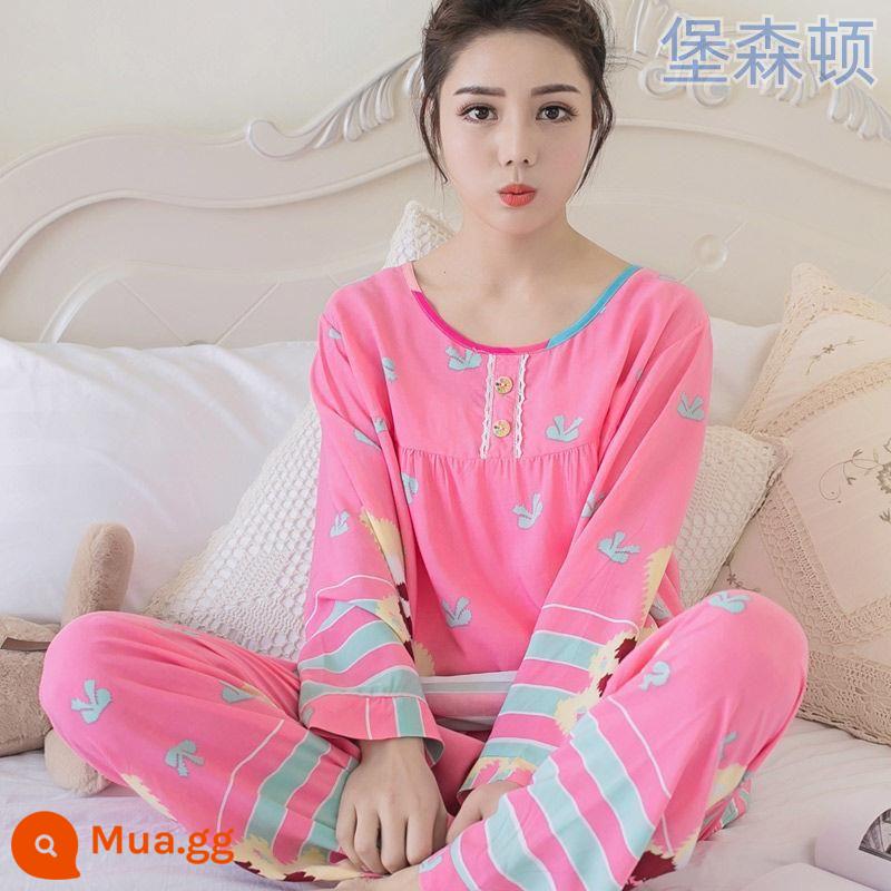 Bộ đồ ngủ dài tay mùa hè cho nữ cotton lụa phù hợp với học sinh rộng rãi kích thước lớn mùa xuân và mùa thu cotton lụa mỏng phục vụ tại nhà bộ hai mảnh - Gấu Hồng [Tay Dài]