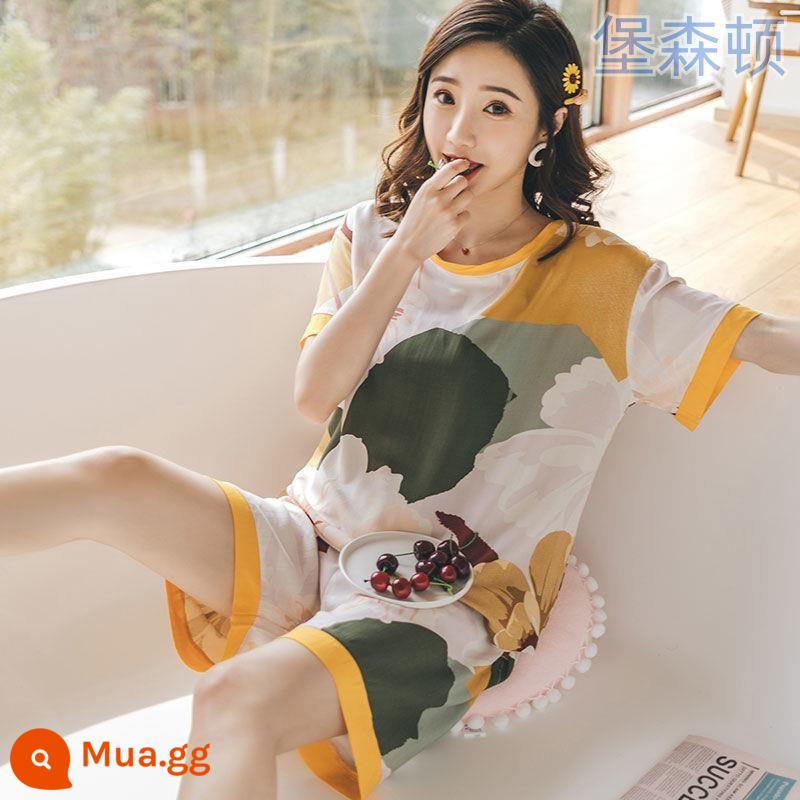 Bộ đồ ngủ dài tay mùa hè cho nữ cotton lụa phù hợp với học sinh rộng rãi kích thước lớn mùa xuân và mùa thu cotton lụa mỏng phục vụ tại nhà bộ hai mảnh - Những bông hoa to tuyệt đẹp [quần short ngắn tay]