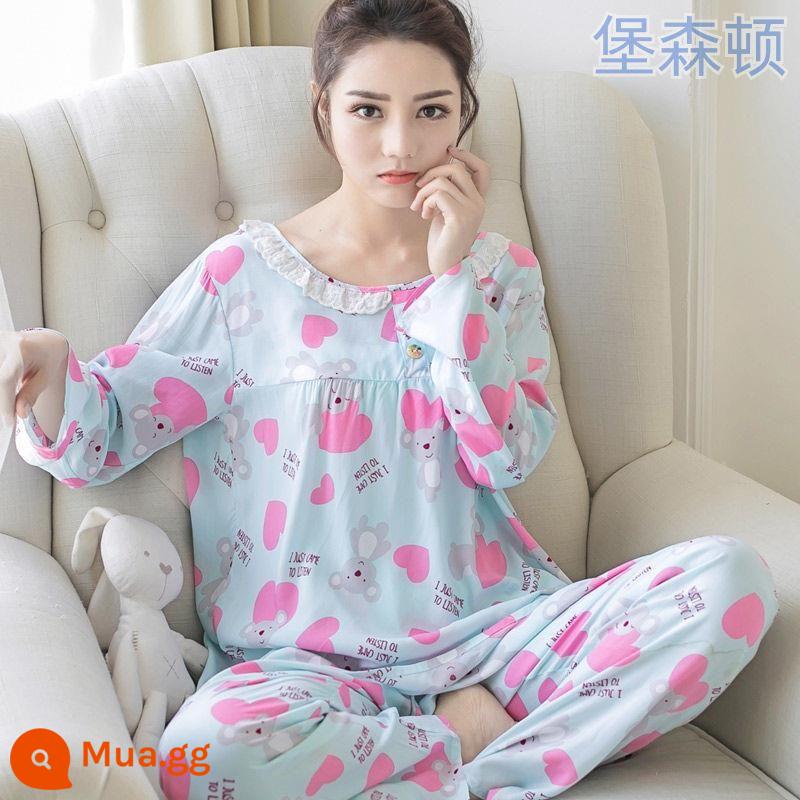 Bộ đồ ngủ dài tay mùa hè cho nữ cotton lụa phù hợp với học sinh rộng rãi kích thước lớn mùa xuân và mùa thu cotton lụa mỏng phục vụ tại nhà bộ hai mảnh - Gấu Blue Care [Tay dài]