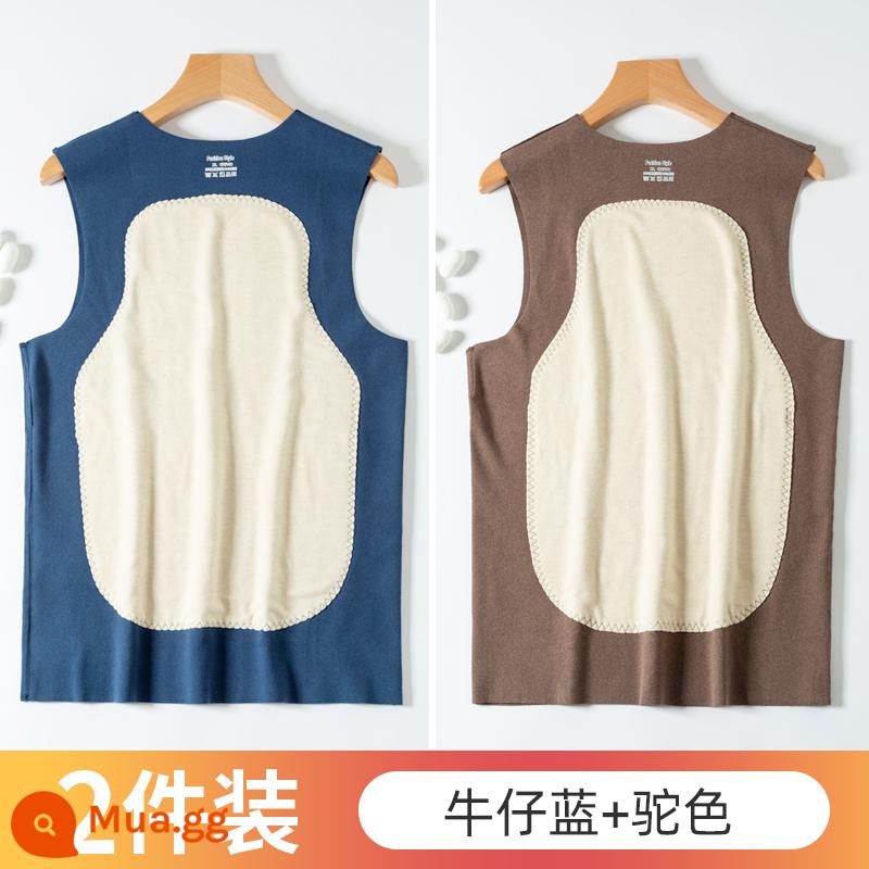 Lụa Nhung Liền Mạch Ấm Áo Vest Nam Thu Đông Bên Trong Plus Nhung Dày Không Tay Đáy Áo Vest Vai Áo Vest - 2 chiếc (lạc đà + xanh denim)