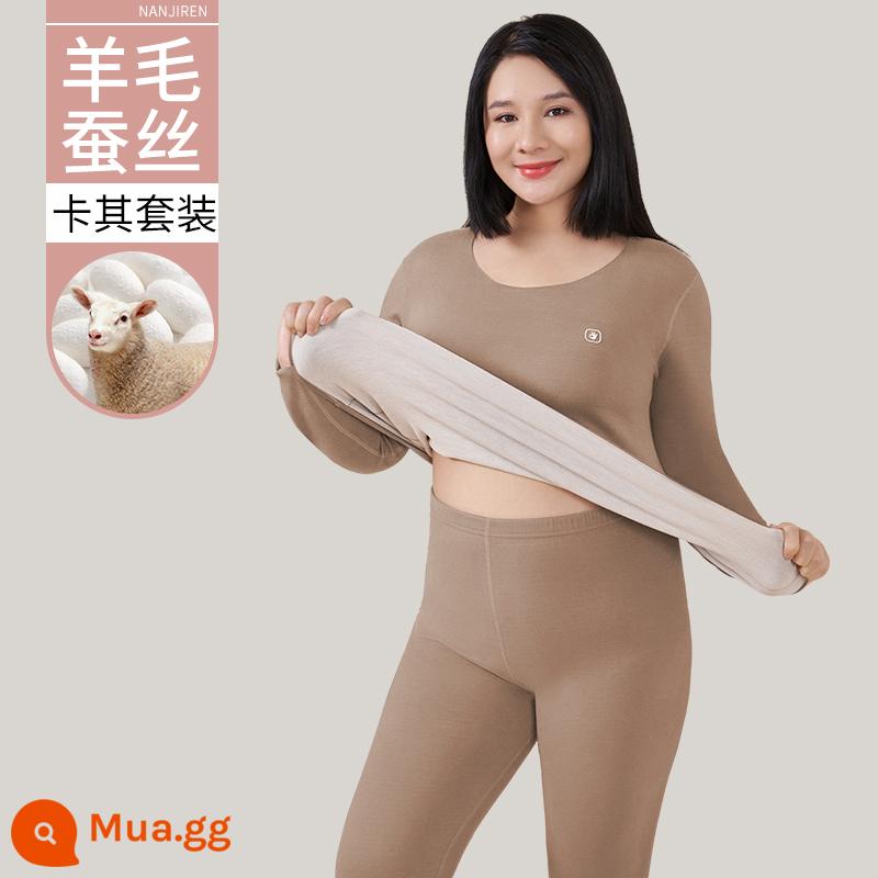 Nam Cực Người Plus Mỡ Plus Kích Thước Làm Nóng Quần Áo Nữ Phù Hợp Với 200 Catties Mỡ Mm Quần Áo Mùa Thu Quần Vệ Sinh dày Plus Nhung - Kaki (bộ)