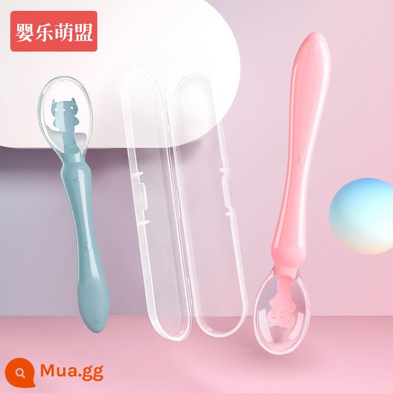 Muỗng silicone mềm cho bé sơ sinh thìa ăn cấp thực phẩm học tập ăn thìa tập ăn nước cho trẻ sơ sinh không chủ yếu thìa ăn dặm - Xanh + hồng [dài và ngắn 2 chiếc] kèm hộp đựng