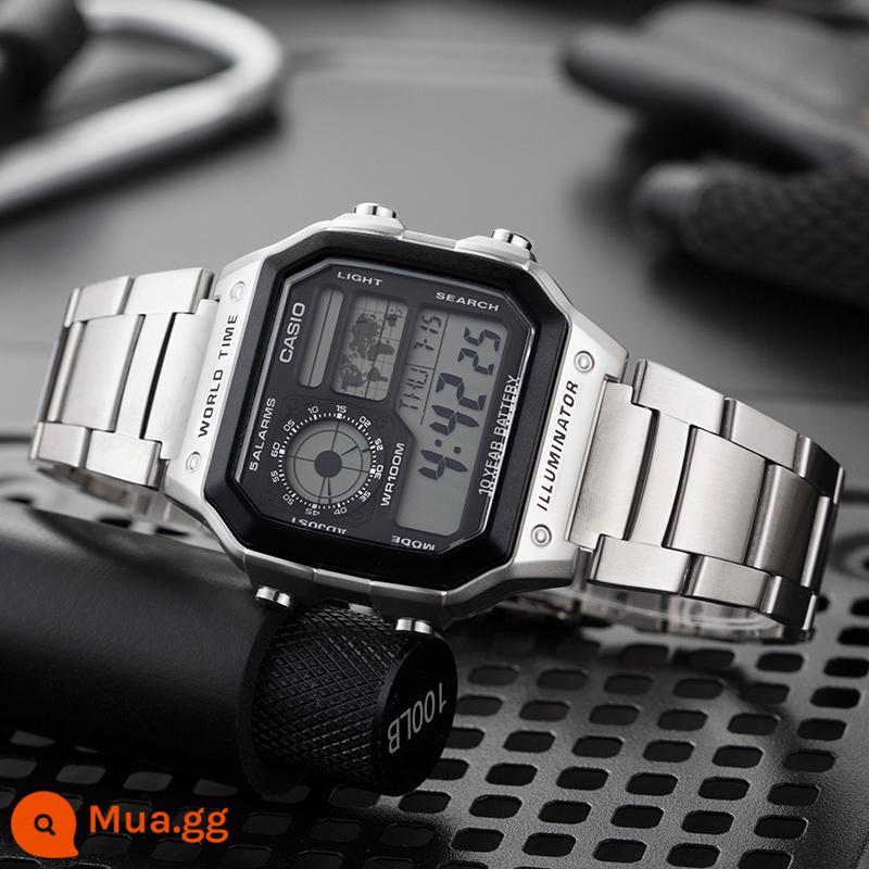 Đồng hồ Casio nam mặt vuông nhỏ phong cách cổ điển Đồng hồ điện tử đồng hồ học sinh AE-1200WHD-1A - AE-1200WHD-1A (đồng hồ vuông nhỏ kiểu cổ điển khung bạc)