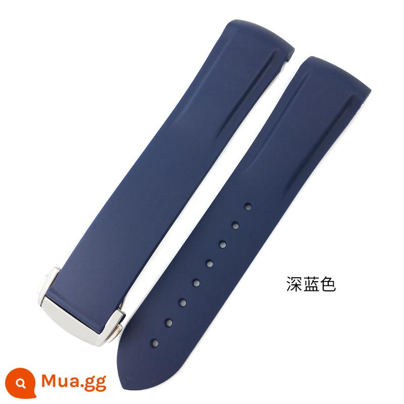 YGB Ban Đầu Cong Silicone Fluorine Dây Đeo Cao Su Thích Hợp Cho Omega Mới Seamaster 300 Speedmaster Seiko Hamilton - Khóa bạc màu xanh đậm