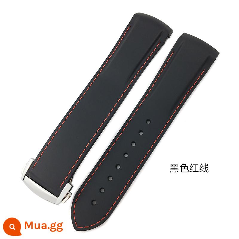 YGB Ban Đầu Cong Silicone Fluorine Dây Đeo Cao Su Thích Hợp Cho Omega Mới Seamaster 300 Speedmaster Seiko Hamilton - Khóa bạc chỉ đỏ đen