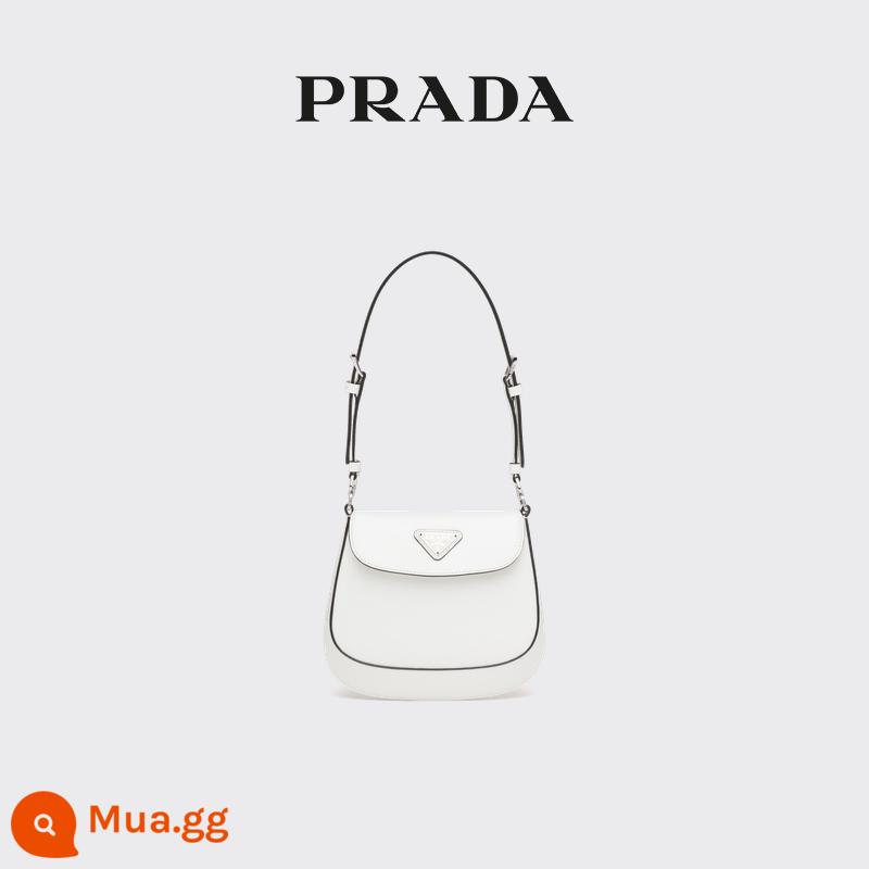 【Quà tặng năm mới】Túi đeo vai nhỏ có nắp gập bằng da sáng bóng của Prada/Prada Ladies Cleo - Trắng