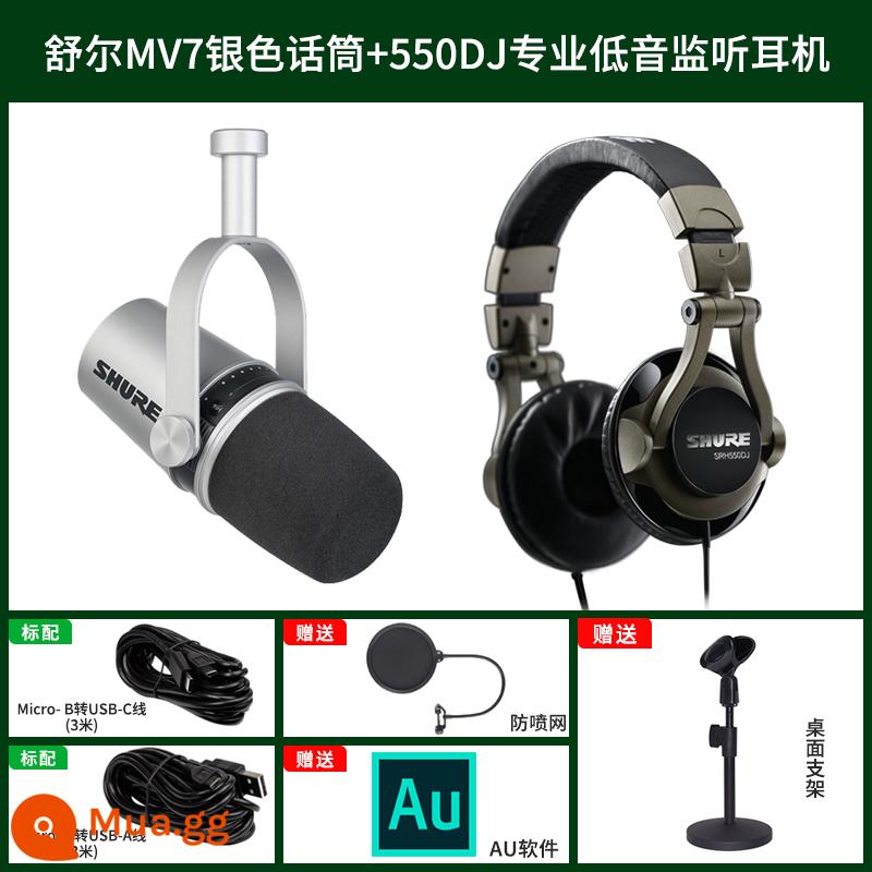 Shure Shure MV7 micro neo chuyên nghiệp máy tính bảng ghi âm trực tiếp lồng tiếng micro động USB - Gói tai nghe giám sát âm trầm chuyên nghiệp MV7 Silver + SRH550DJ