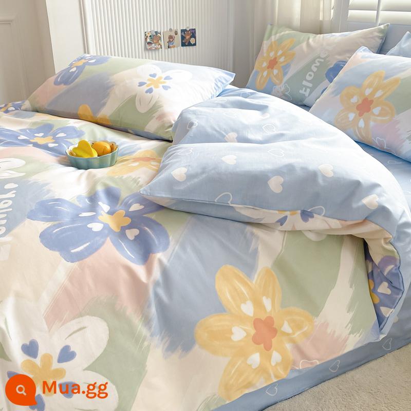 Jie Liya mùa đông chăn ga gối cotton nguyên chất Bộ 4 món 100 cotton chăn ga trải giường giường ký túc xá Bộ 3 trang bị ga - Những bông hoa đầy màu sắc