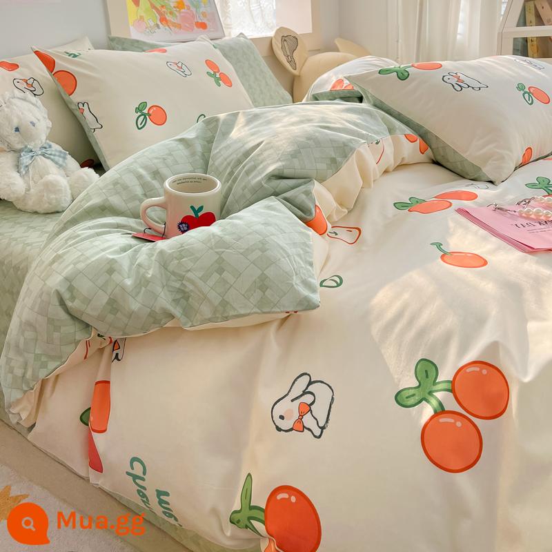 Jie Liya mùa xuân cotton nguyên chất 4 mảnh 100 cotton chăn ga trải giường ins đơn ký túc xá giường 3 mảnh bộ - Cherry White Rabbit [100% cotton chải kỹ, không co rút, không phai màu]