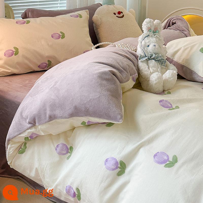 Jie Liya mùa đông A cotton B nhung sữa 4 món đơn Plus nhung ấm giường bông flannel nhung san hô - Hoa tulip màu tím nhung bông