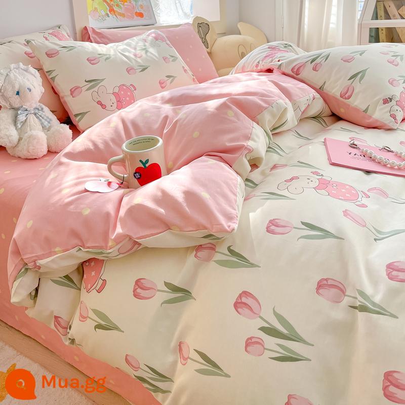 Jie Liya mùa đông cotton nguyên chất 4 mảnh 100 cotton chăn ga trải giường chăn ga gối cao cấp ký túc xá giường 3 món - thỏ công chúa hoa tulip