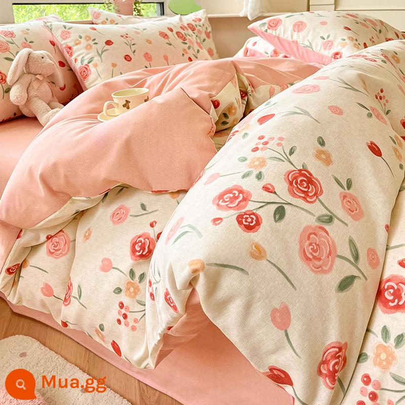 Jie Liya cotton chải 4 món bộ chăn ga gối cotton nguyên chất 3 mảnh ga trải giường vỏ chăn dày dặn mùa thu và mùa đông mô hình - Pink Beauty [cotton Tân Cương chải kỹ, thân thiện với da và ấm áp, có thể ngủ khỏa thân]*