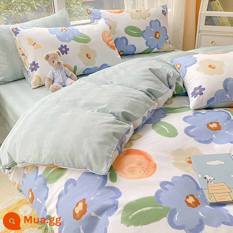 Jie Liya cotton nguyên chất vỏ chăn 1 mảnh 100 cotton vỏ chăn Bộ lõi vỏ chăn 150x200 vỏ chăn ga gối 200x230 - Mật Ong Mùa Xuân (Xanh)