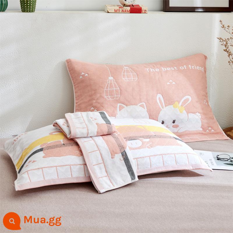 Jie Liya hoạt hình khăn gối cotton cotton nguyên chất dày gối đầu khăn gối khăn chống trơn trượt không rơi ra một cặp - Thú cưng dễ thương dưới ánh đèn - màu hồng