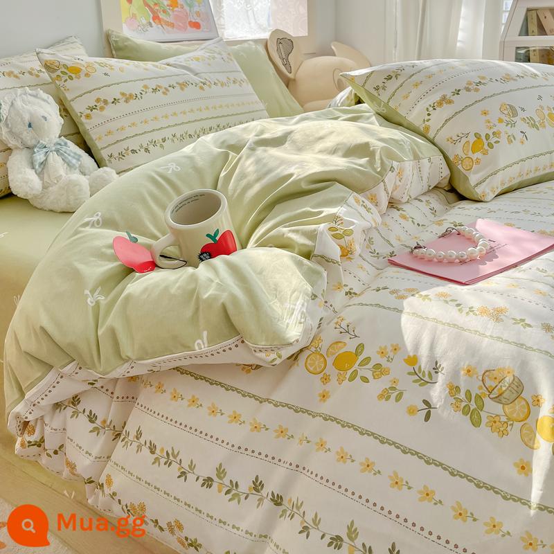 Jie Liya bông hoa nhỏ bốn mảnh 100 cotton chăn ga trải giường sinh viên đơn ký túc xá giường ba món - Cây chanh [bông Tân Cương chải kỹ, thân thiện với làn da và trần trụi]