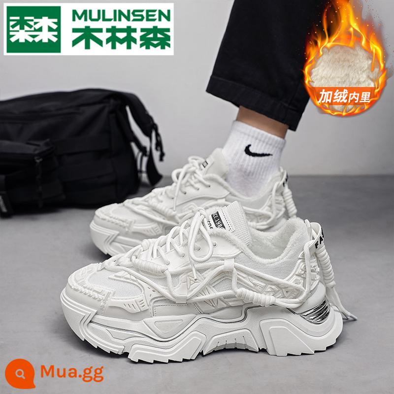 Giày nam Mulinsen mùa thu đông không buộc dây Velcro đáy dày tăng super fire thể thao màu trắng bố hợp thời trang - Trắng [giày cotton kiểu mecha]