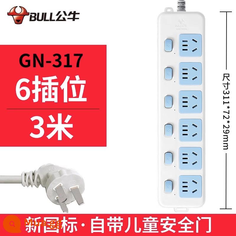 Bull socket plug-in dải dòng hộ gia đình chính hãng 3/5 m ký túc xá sinh viên bảng dây xốp bảng cắm có dây 6 vị trí - 6 phích cắm 3 mét 317