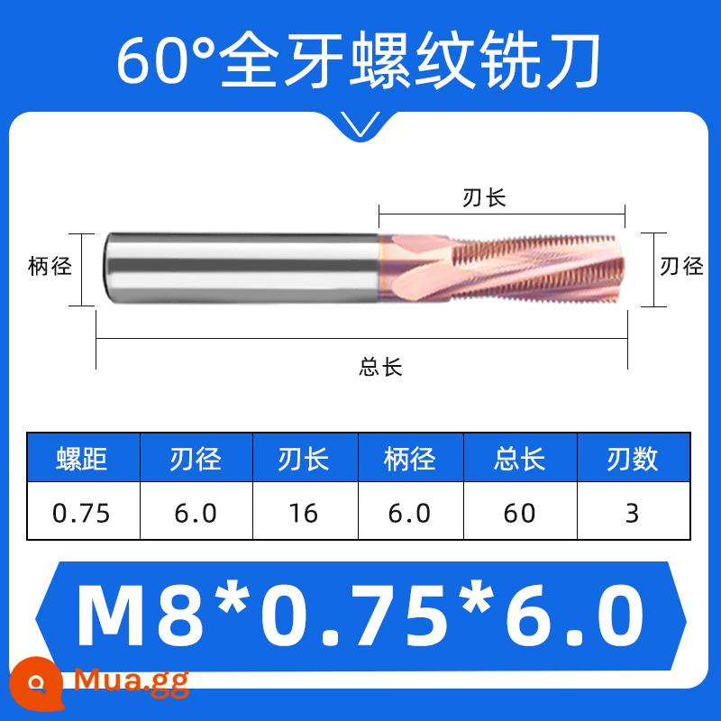 Dao phay ren 60 độ một răng ba răng đầy đủ M1-M24 thép hợp kim vonfram dao răng hệ mét có thể được tùy chỉnh - Xanh nhạt M8*0,75*D6 (tất cả)