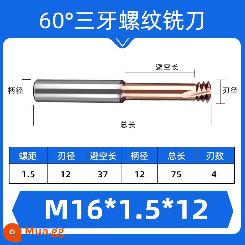 Dao phay ren 60 độ một răng ba răng đầy đủ M1-M24 thép hợp kim vonfram dao răng hệ mét có thể được tùy chỉnh - M16*1.5*37*D12(3)