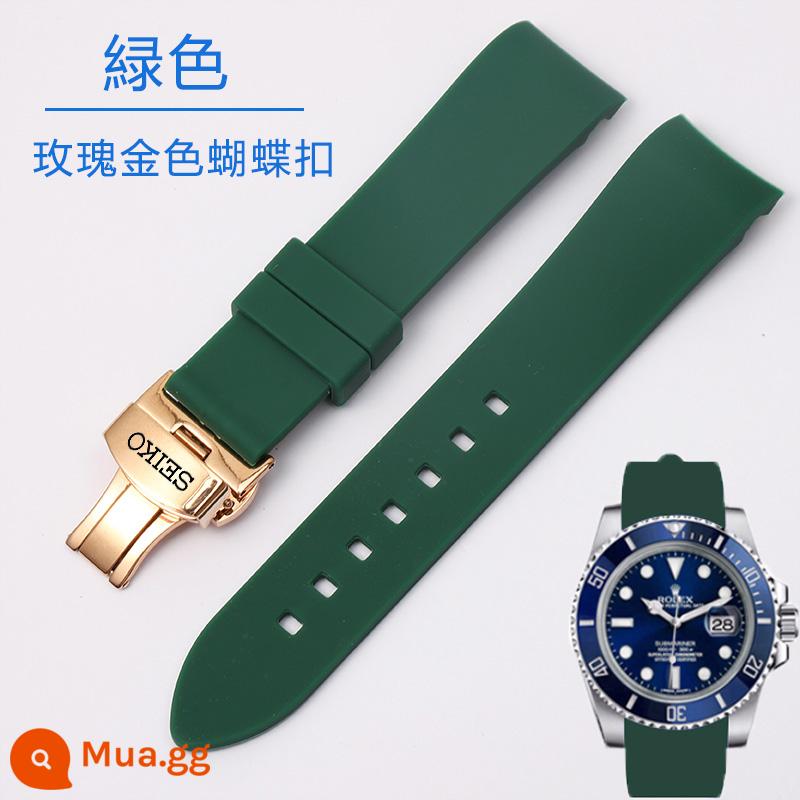 Dây đồng hồ Seiko cong SEIKO No.5 phi công xanh nước ma dây silicone cong thể thao nam 20 21 22 - Khóa vàng hồng màu xanh lá cây