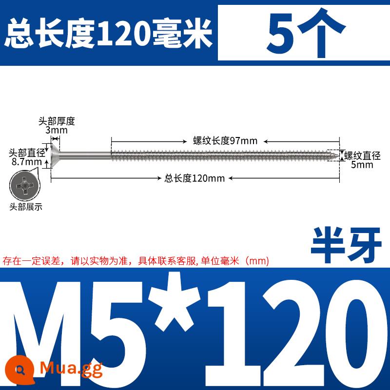 Thép không gỉ 304 dài thêm đầu chìm Vít tự tháo mở rộng đầu phẳng chéo vít gỗ M3M4M5-M8 * 200 - Nửa răng M5*120 (5 cái)