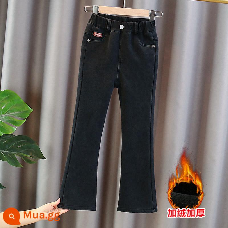 Quần nỉ bé gái quần ống loe denim thu đông 2022 quần ống loe siêu nhỏ phong cách nước ngoài cho trẻ em trung và lớn mới - Vải nhung đen