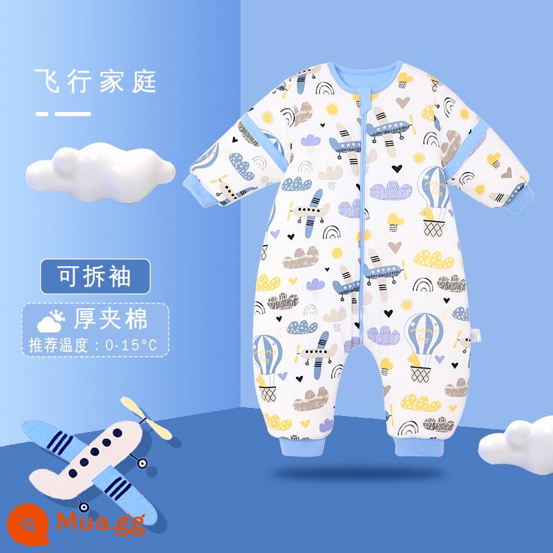 Túi ngủ Kaimenli cho bé mùa xuân, mùa thu và mùa đông cotton dày cho bé trẻ em chống đá chăn bốn mùa đồ ngủ nhiệt độ không đổi phổ quát - Flying Family (tay áo chần bông dày có thể tháo rời nhiệt độ phòng 0-15 độ)