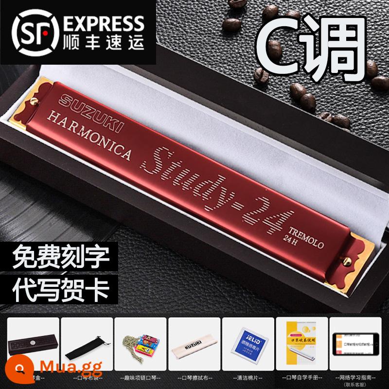 Bản gốc Suzuki harmonica 24 lỗ đa âm C giai điệu đích thực dành cho học sinh người lớn mới bắt đầu với đàn piano chuyên nghiệp - (Dành cho người mới bắt đầu) Phím C đa âm 24 lỗ màu đỏ + hộp quà gỗ đàn hương + gói quà tự học