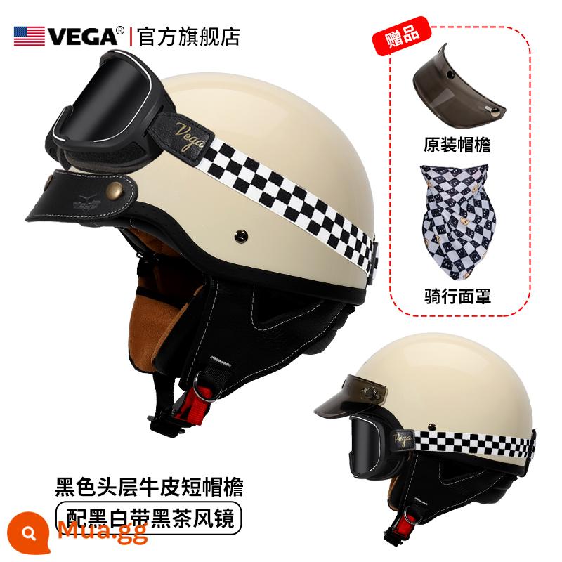 Mỹ VEGA Retro Đầu Máy Đầu Máy Mũ Nam Nữ Nhật Bản Harley Mũ Bảo Hiểm Nửa Mùa Đông 4 Xe Ô Tô Điện Muỗng Mũ Bảo Hiểm - Trắng nhạt (kèm kính trà đen kẻ sọc + vành mũ da đen)