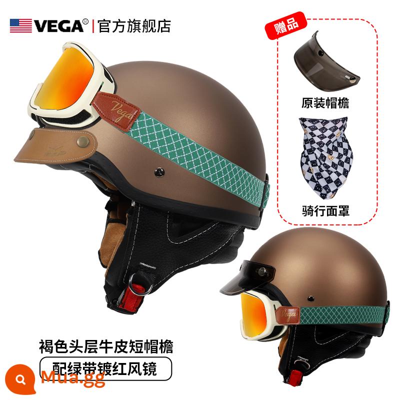 Mỹ VEGA Retro Đầu Máy Đầu Máy Mũ Nam Nữ Nhật Bản Harley Mũ Bảo Hiểm Nửa Mùa Đông 4 Xe Ô Tô Điện Muỗng Mũ Bảo Hiểm - Màu nâu mờ (đi kèm kính bảo hộ viền xanh viền đỏ + vành mũ da kaki)