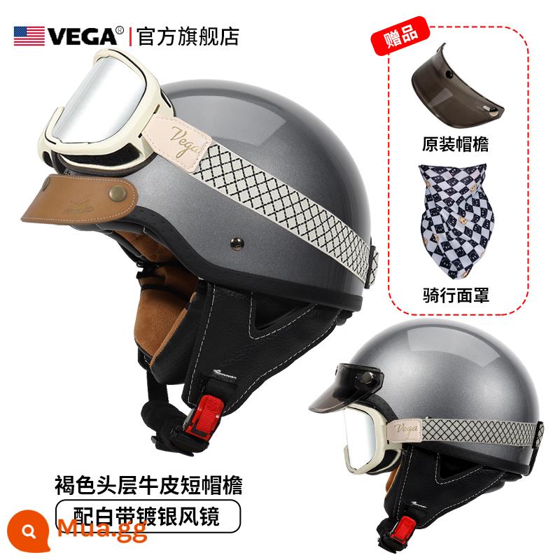 Mỹ VEGA Retro Đầu Máy Đầu Máy Mũ Nam Nữ Nhật Bản Harley Mũ Bảo Hiểm Nửa Mùa Đông 4 Xe Ô Tô Điện Muỗng Mũ Bảo Hiểm - Honda Grey (gửi kính mạ bạc thắt lưng trắng + vành mũ da kaki)