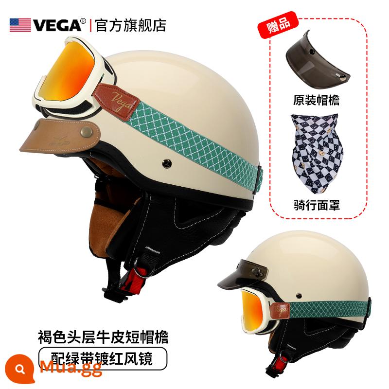 Mỹ VEGA Retro Đầu Máy Đầu Máy Mũ Nam Nữ Nhật Bản Harley Mũ Bảo Hiểm Nửa Mùa Đông 4 Xe Ô Tô Điện Muỗng Mũ Bảo Hiểm - Màu trắng nhạt (gửi kính mạ đỏ thắt lưng xanh + vành mũ da kaki)