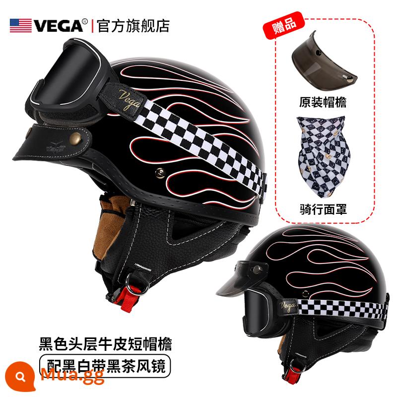 Mỹ VEGA Retro Đầu Máy Đầu Máy Mũ Nam Nữ Nhật Bản Harley Mũ Bảo Hiểm Nửa Mùa Đông 4 Xe Ô Tô Điện Muỗng Mũ Bảo Hiểm - Ngọn lửa đen (đi kèm kính trà đen kẻ sọc + vành mũ da đen)