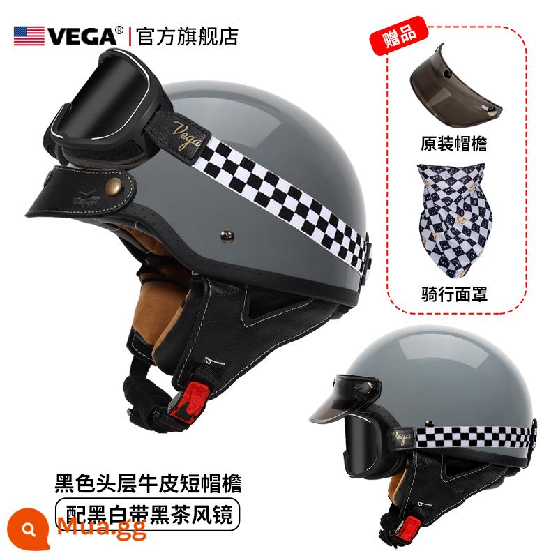 Mỹ VEGA Retro Đầu Máy Đầu Máy Mũ Nam Nữ Nhật Bản Harley Mũ Bảo Hiểm Nửa Mùa Đông 4 Xe Ô Tô Điện Muỗng Mũ Bảo Hiểm - Xám xi măng (đi kèm kính trà đen kẻ sọc + vành mũ da đen)