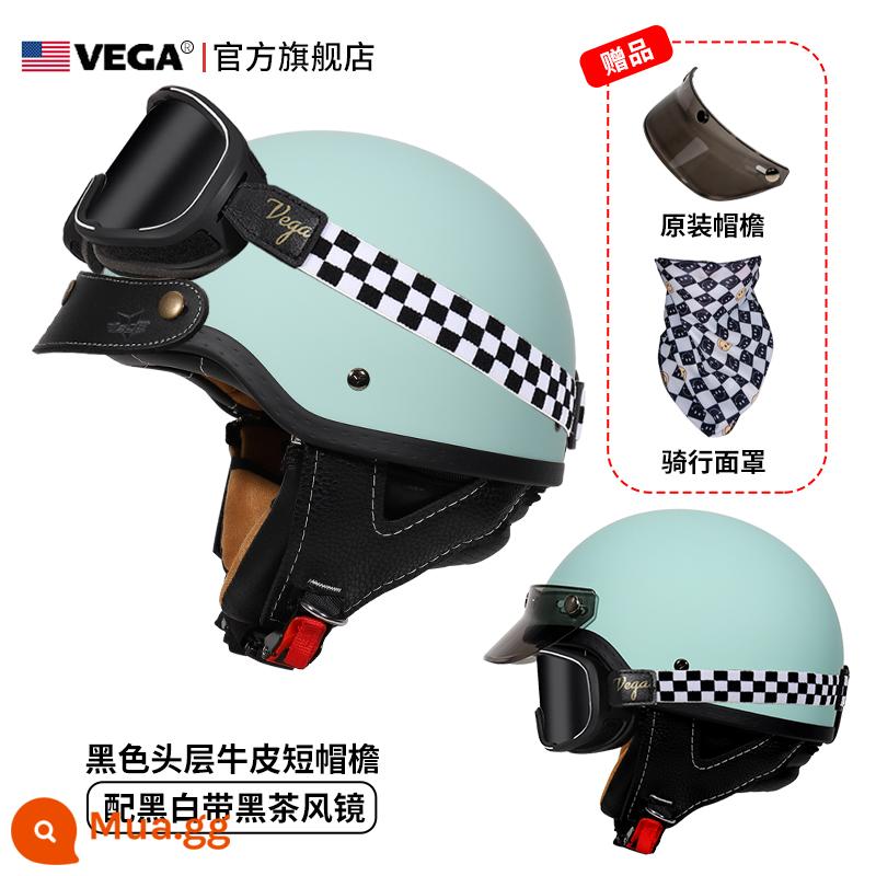 Mỹ VEGA Retro Đầu Máy Đầu Máy Mũ Nam Nữ Nhật Bản Harley Mũ Bảo Hiểm Nửa Mùa Đông 4 Xe Ô Tô Điện Muỗng Mũ Bảo Hiểm - Màu xanh hồng nhạt (kèm kính trà đen kẻ sọc + vành mũ da đen)