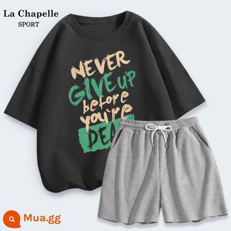 Bộ đồ thể thao La Chapelle nữ mùa hè rộng rãi sinh viên cotton áo thun ngắn tay bánh quế quần đùi hai mảnh mùa hè X - Màu xám đậm (tuyên bố) + màu xám thạch nam (trống)