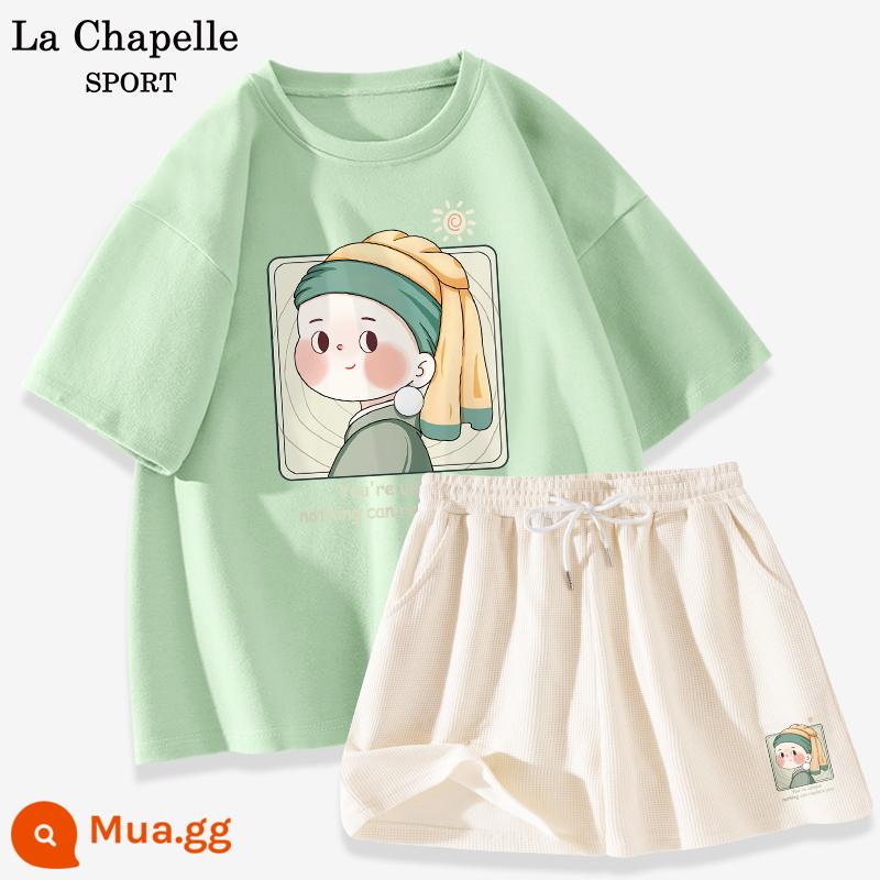 Bộ đồ thể thao La Chapelle nữ 2023 cotton mùa hè mới quần đùi ngắn tay giản dị bộ đồ hai mảnh giảm tuổi X - Xanh trái cây (Pearl Girl) + Trắng sữa (Pearl Girl quần phía trước bên trái)