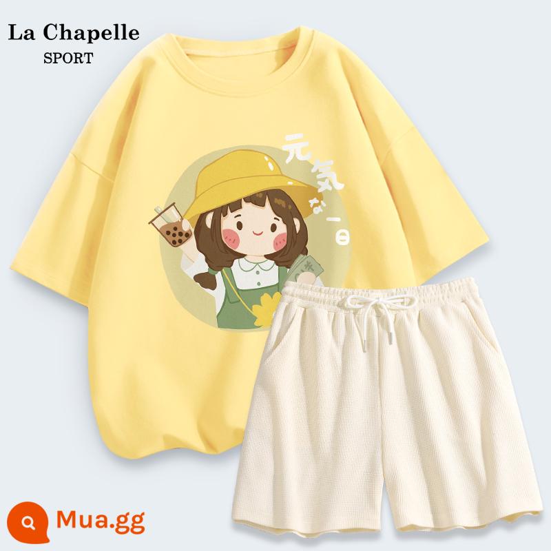 La Chapelle Quần Short Ngắn Tay Bộ Đồ Thể Thao Nữ Mùa Hè 2023 Áo Thun Nữ Thời Trang Mùa Hè Thường Hai Mảnh X - Vàng ngỗng (cô gái sức sống) + trắng sữa (trống)