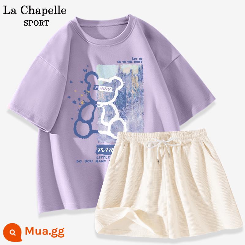 Bộ đồ thể thao La Chapelle nữ 2023 cotton mùa hè mới quần đùi ngắn tay giản dị bộ đồ hai mảnh giảm tuổi X - Khoai môn tím (gấu xanh) + trắng sữa (trống)