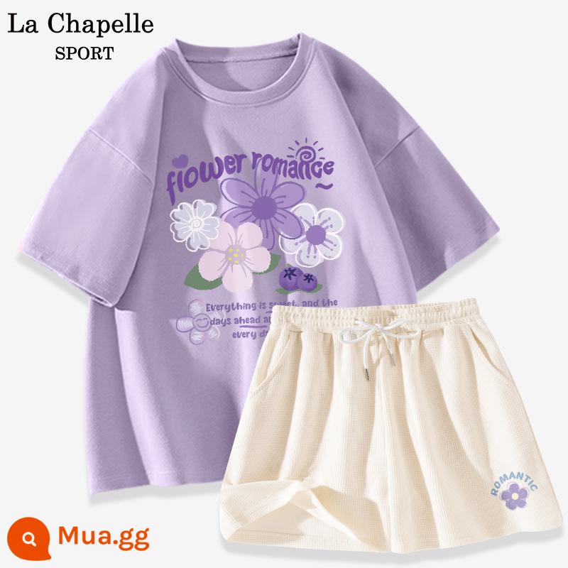 Bộ đồ thể thao La Chapelle nữ 2023 cotton mùa hè mới quần đùi ngắn tay giản dị bộ đồ hai mảnh giảm tuổi X - Tím khoai môn (tím hoa ngữ) + trắng sữa (chỉ số phía trước bên trái quần Mạnh Hoa)