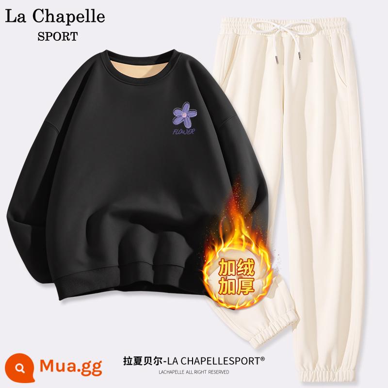 La Chapelle Bộ Đồ Thể Thao Nữ 2023 Mới Thu Đông Sinh Viên Cổ Tròn Và Nhung Quần Âu Bộ 2 W - [Thêm Nhung] Đen (Nhãn Ngực Phong Lan) + Trắng Sữa (Màu Trơn)